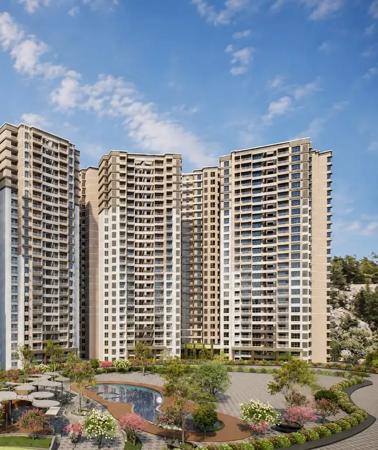 Towers around a landscaped central court with a pool and pergolas
