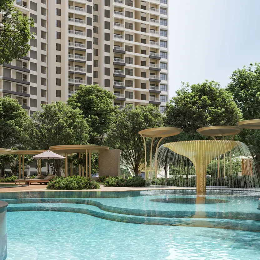 Fountain canopies over a lagoon-style pool