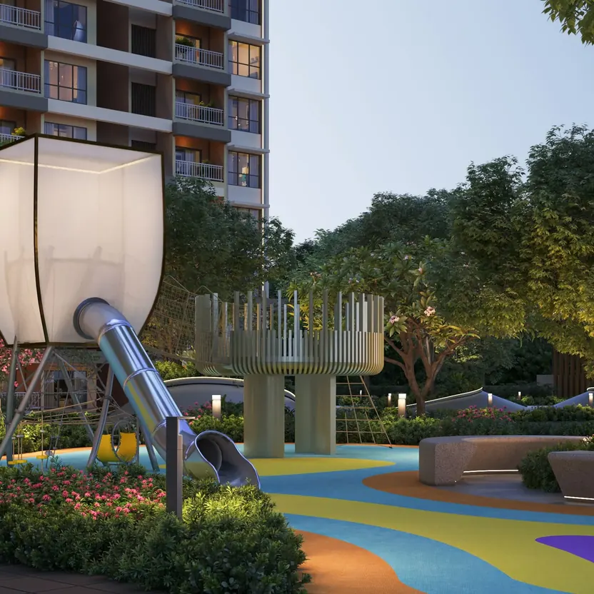 A children’s play garden with a slide tower